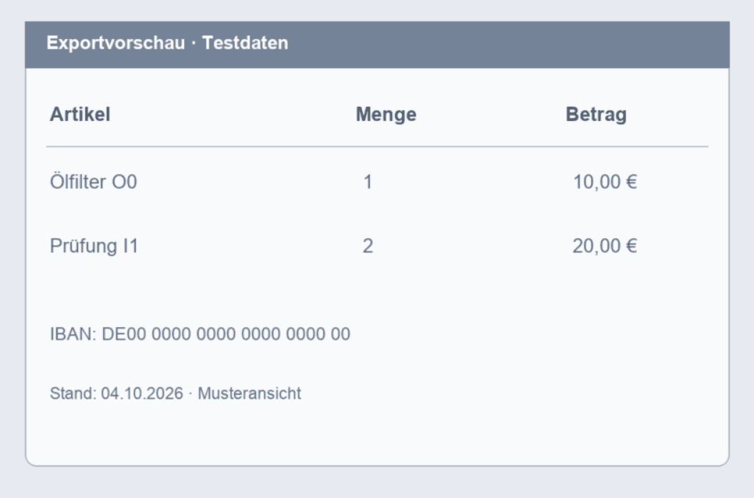 Selbst erstellter kleiner Bildschirmtext mit den erfundenen Zeilen Ölfilter O0 und Prüfung I1