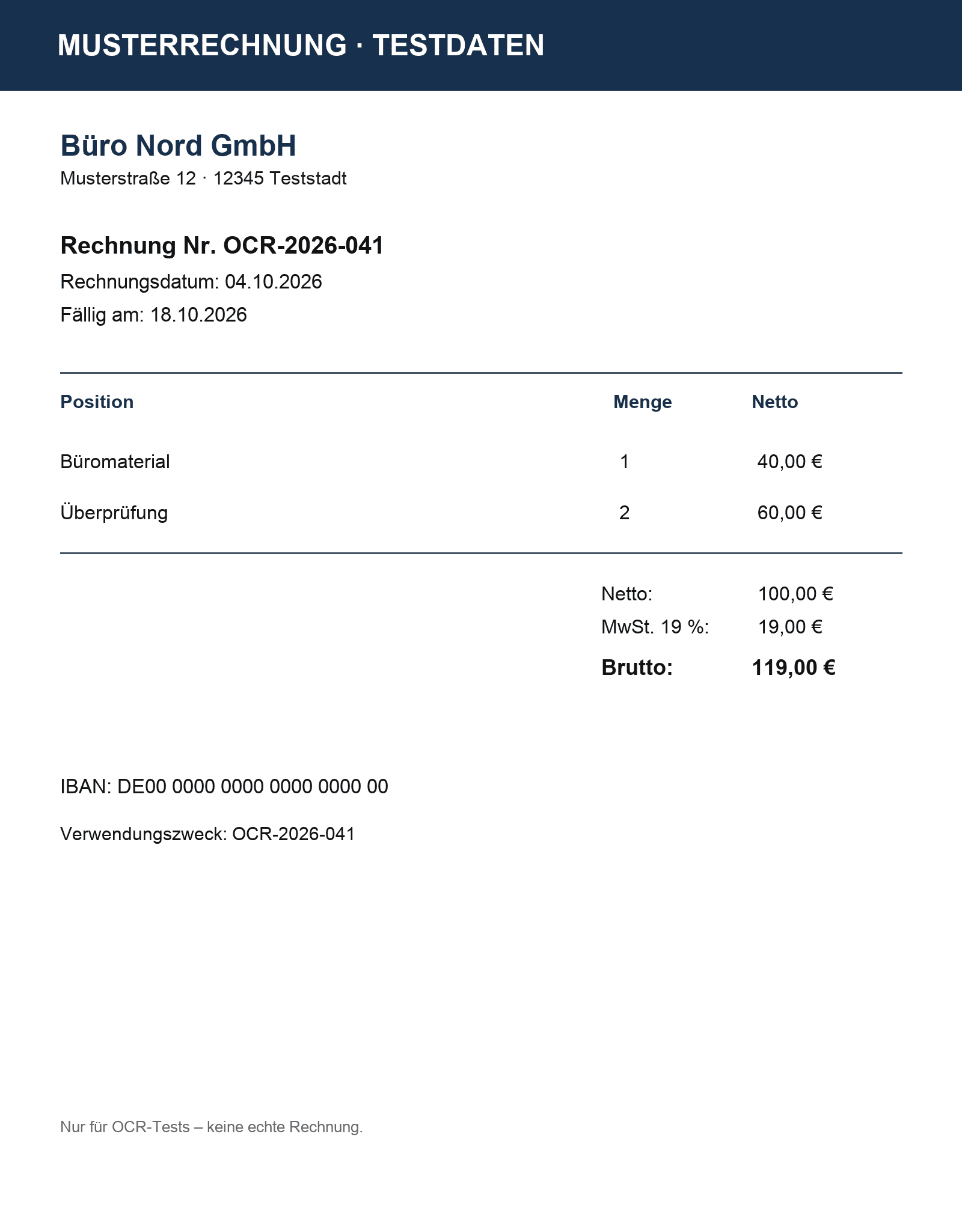 Selbst erstellte Musterrechnung mit erfundenen Daten für den Saaspective-OCR-Test