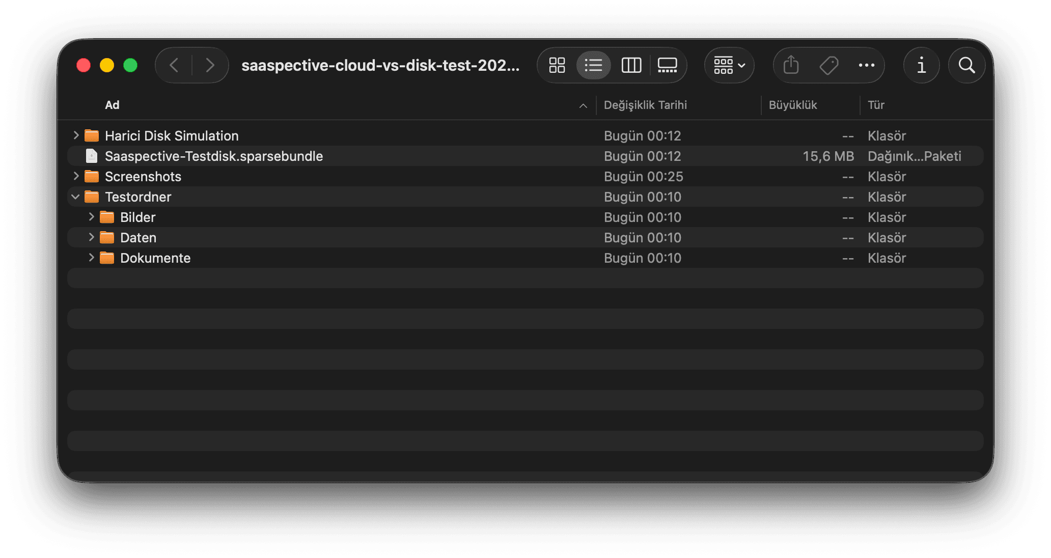 Datensicherer Finder-Ausschnitt mit dem synthetischen Testordner